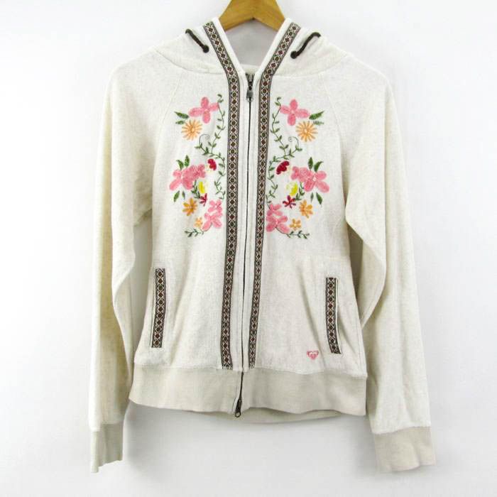 ロキシー パーカー トップス ジップアップ パイル生地 花柄刺繍 スポーツウエア レディース Lサイズ ベージュ×ピンク ROXY 【中古】