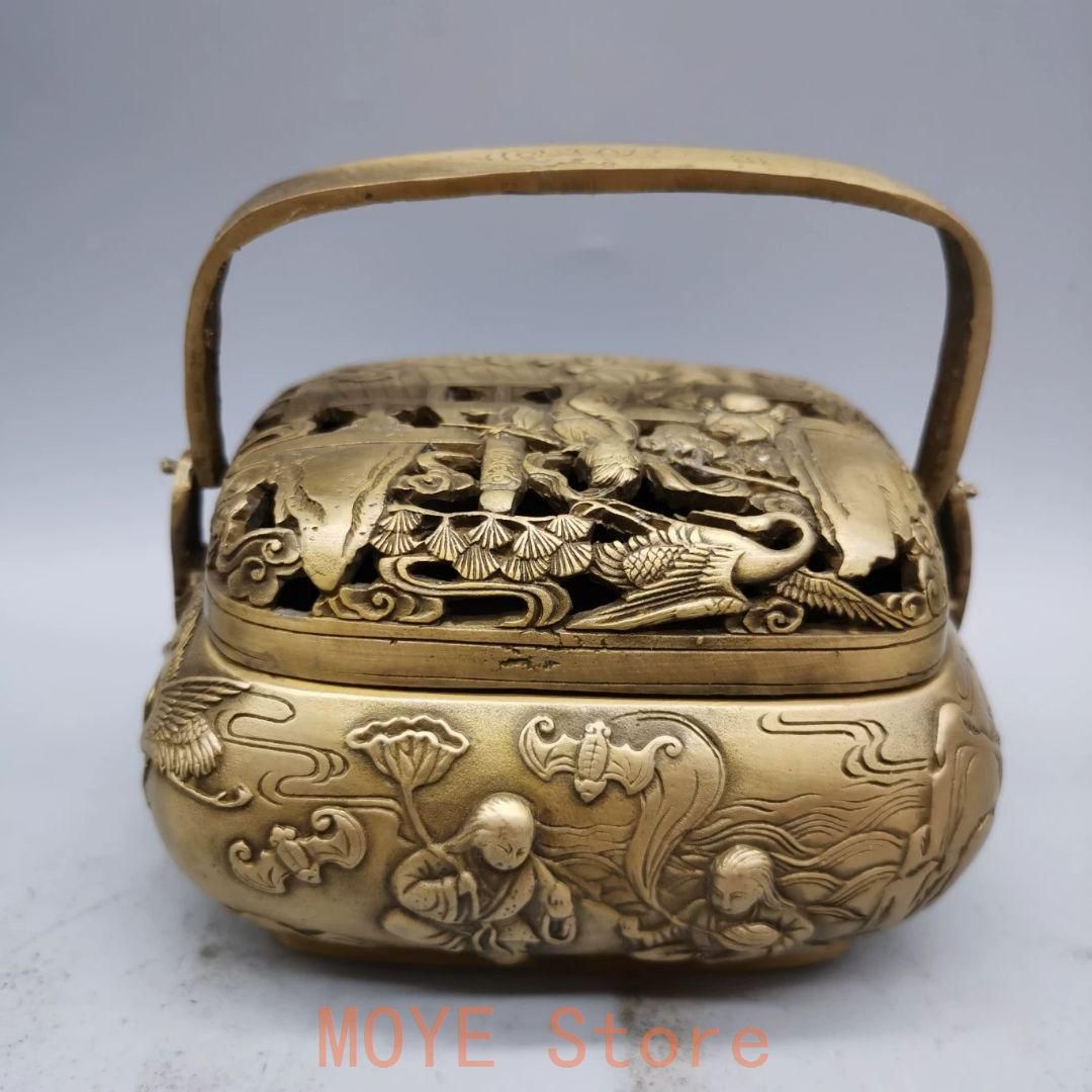 銅器 浮彫二仙香薫炉 手提げ暖手炉 香炉 香道具 装飾品 工芸品