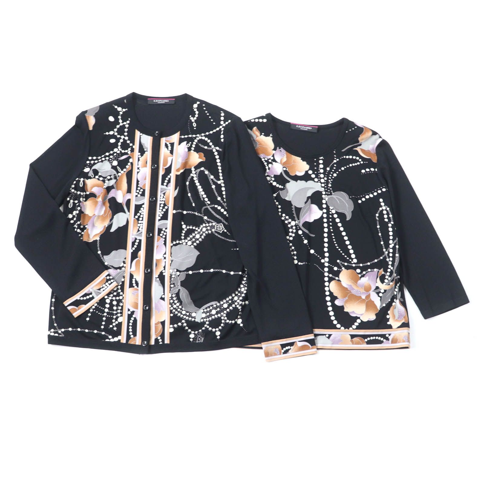 LEONARD FASHION レオナール ファッション 花柄 カーディガン＋七分袖ニット 2点set アンサンブル ブラック 42 レディース