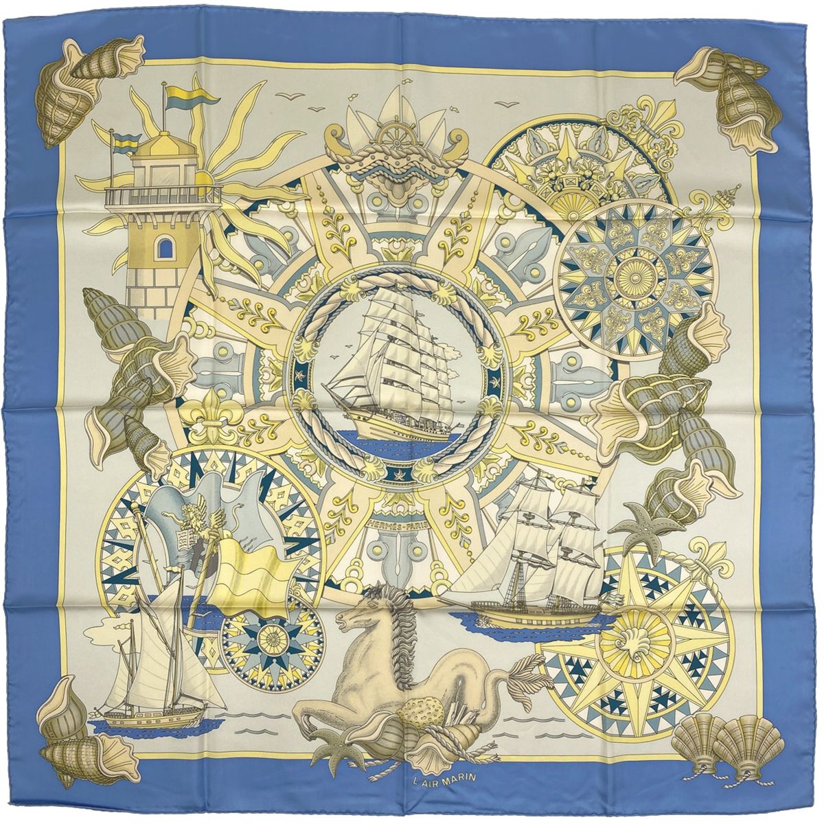 エルメス HERMES カレ 90 L'AIR MARIN 海風 船 貝殻 スカーフ シルク