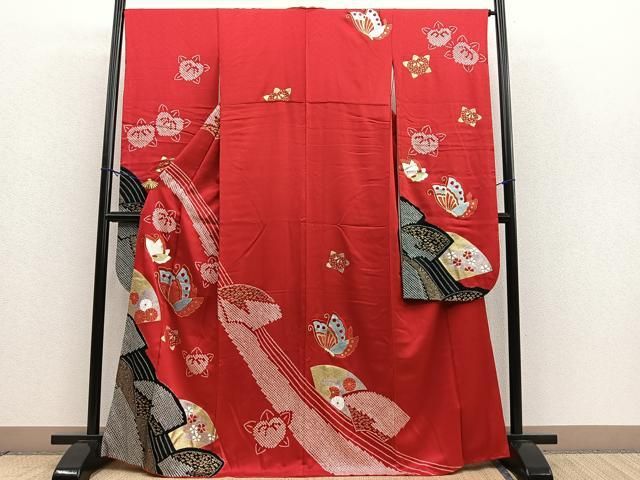 平和屋着物□豪華振袖 駒刺繍 絞り 地紙花蝶文 金銀彩 正絹 逸品 平和屋着物□豪華振袖 駒刺繍 絞り 地紙花蝶文 金銀彩 正絹 逸品