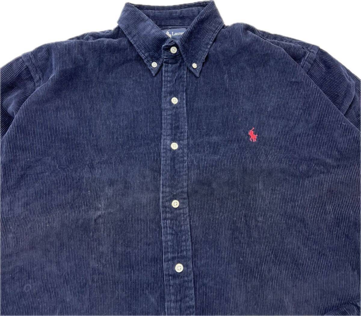 90s ☆ RALPH LAUREN ☆ BLAIRE 厚手 コーデュロイ ボタンダウン シャツ ネイビー L 上品 ルーズ アメカジ 古着 ラルフローレン■DC273 90s ☆ RALPH LAUREN ☆ BLAIRE 厚手 コーデュロイ ボタンダウン