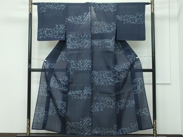 平和屋着物 上 夏物 絹芭蕉 市松草花文 藍鉄色地 ♥ CZAA3414s5