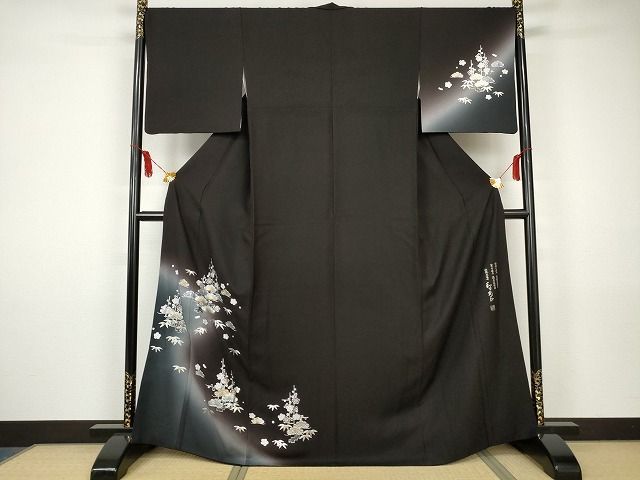 平和屋本店■極上　金彩友禅　卓越技能者・名工・和田光正　訪問着　松竹梅　暈し染め　鉄黒色地　正絹　逸品　KAAA1659kk4 平和屋本店□極上 金彩友禅 卓越技能者・名工・和田光正 訪問着 松竹梅