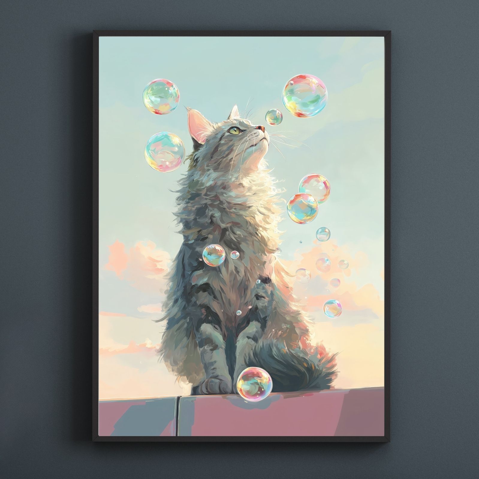 名入れOK 猫とシャボン玉 - ノルウェージャンフォレストキャット メインクーン サイベリアン猫 No.1 アートポスター ペットロス うちの子記念日 北欧 ナチュラル