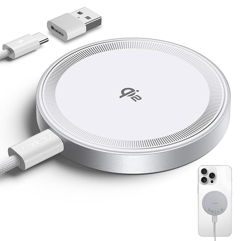THREEKEY ワイヤレス充電器【Qi2 PSE 公式認証】15W超低温 MagSafe充電器 両面マグネット式 マグセーフ充電器 1:1適合 ?磁気 iPhone 16/15/14/13/12シリーズ/Galaxy S25 Ultra対応 60W+1. 0