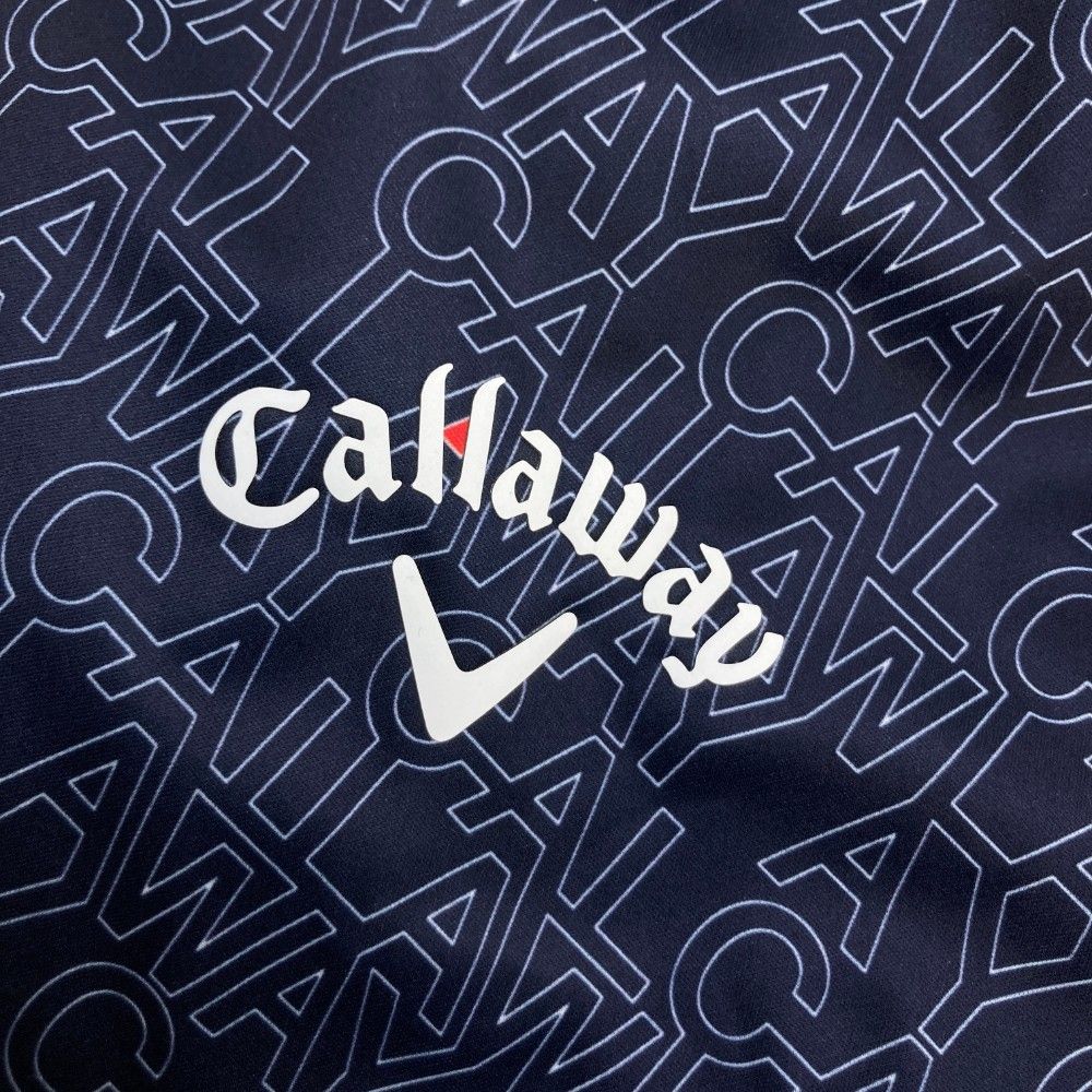 サイズ：M CALLAWAY キャロウェイ  裏メッシュ フード付 ジップジャケット ロゴ総柄 ネイビー系 [240101434167] ゴルフウェア メンズ ストスト CALLAWAY キャロウェイ 裏メッシュ フード付 ジップジャケット