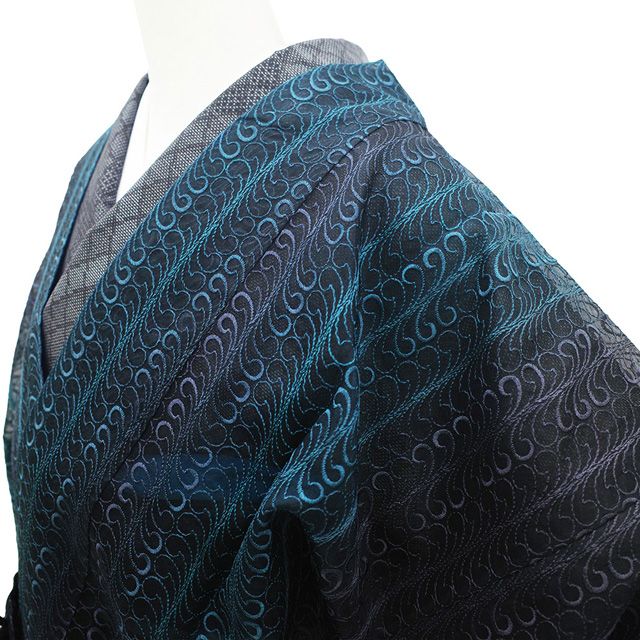 普段使い 新古品 道中着 コート オーガンジー 単衣 正絹 伊と幸 グリスターコート 手染め 黒紫 ターコイズブルー 波 春 夏 秋 スリーシーズン おしゃれ 仕立て上がり 身丈101 裄丈66.5 Ｍサイズ 透け感 ハオリモノ みやがわ sb16377