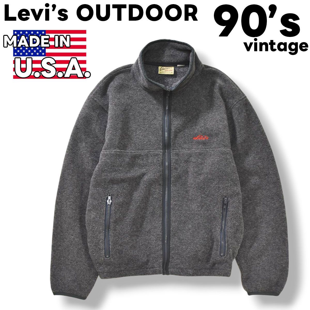 【廃盤】 90s ヴィンテージ USA製 リーバイス アウトドア Levi's OUTDOOR フリース ジャケット ジップアップ ジャンパー ブルゾン 刺繍 ロゴ M グレー アメリカン カジュアル ウェア メンズ