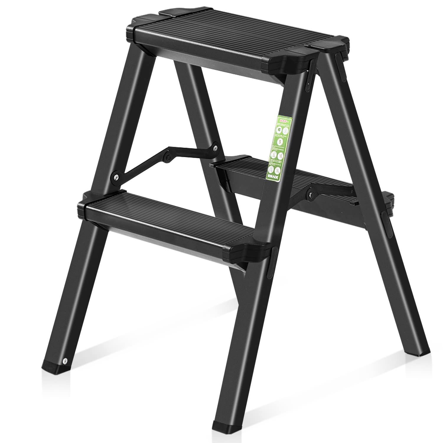 新着商品 脚立 脚立 二段 アルミ 折りたたみステップ アルミ ステップ 安全 耐荷重150KG 軽量 軽量 踏み台 滑り止め付き きゃたつ ミニ 折りたたみ ステップ台 ブラック二段 梯子 脚立2段 RIKADE