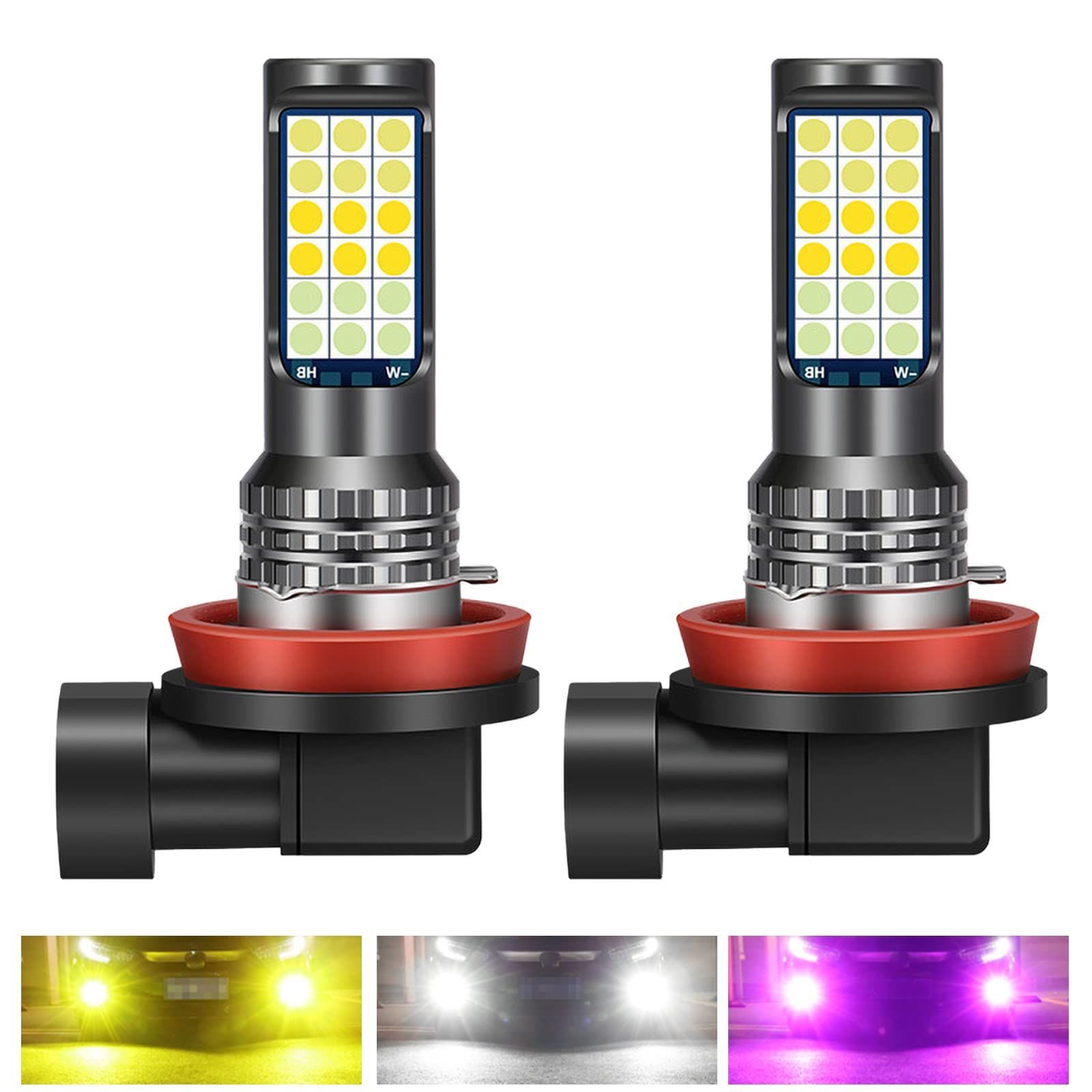 【人気商品】Yuumo+ H8 H11 フォグランプ LED 3色 切替 コンパクト 一体型 高輝度 4800Lm 12V 24V IP65 汎用 2個セット イエロー ホワイト ピンクパープル