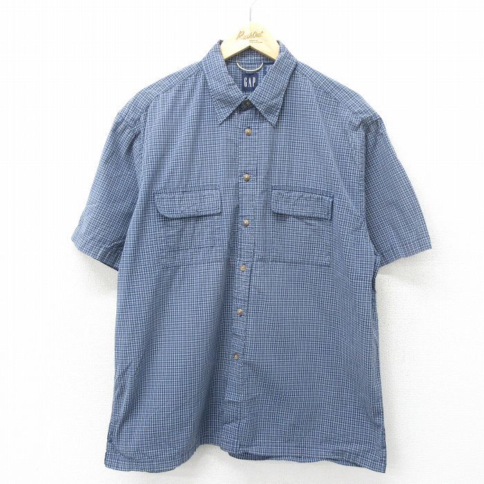 XL/古着 ギャップ GAP 半袖 シャツ メンズ 00s コットン ボタンダウン 紺他 ネイビー チェック 24jul05 中古 トップス