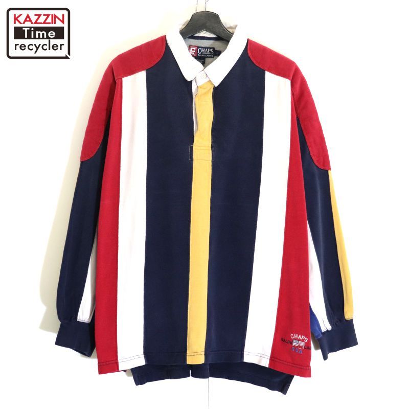 90s CHAPS ストライプ柄 ラルフローレン バックプリント ラガーシャツ メンズ 表記Lサイズ
