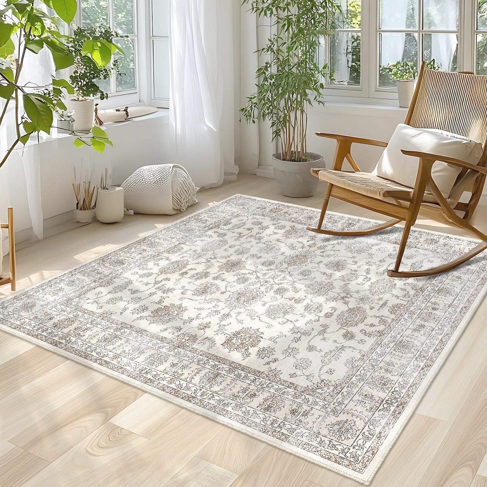 FORTSEA 洗えるラグマット 2畳 190×190cm 正方形 防音 滑り止め ペルシャ風 カーペット 花柄 短毛 リビング ダイニング 寝室用 軽量 丸洗いOK MARWIL-DEMENAGEMENTS_CH