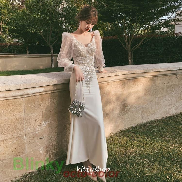 結婚式ドレス マーメイドドレス ワイン赤 ホワイト イブニングドレス パフスリーブ Vネック ロングドレス 二次会ドレス ゲストドレス パーWP アイテム