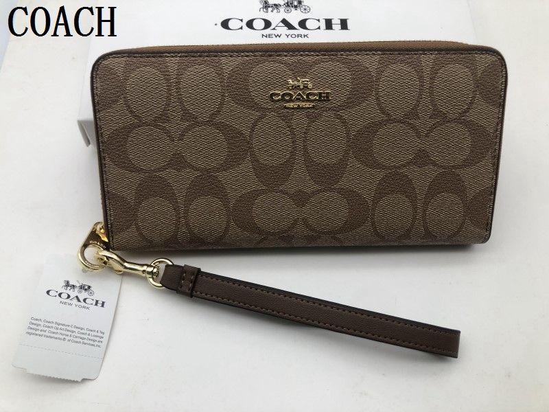 COACH 長財布 コーチ 財布 コーヒー色 ロング ジップ ストラップ付き ラウンドファスナー レディー 財布 贈り物 a0067C新品未使用  E20