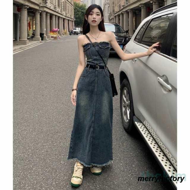 レディースワンピースワンピデニムワンピデニムベアトップチューブトップ大人かっこいいかわいい美シルエットスタイルアップ