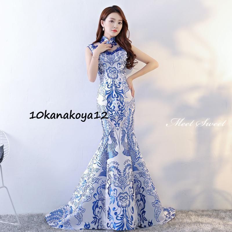 ドレス ロングドレス マーメイドドレス ブルー 花柄 パーティードレス ウェディングドレス ウエディングドレス 結婚式 二次