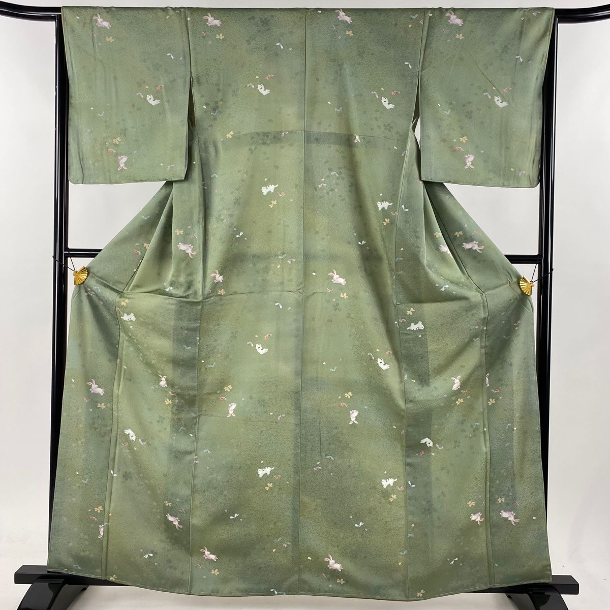 小紋 身丈159cm 裄丈62.5cm S 袷 紬地 霞 ぼかし 薄緑 正絹 美品 名品  