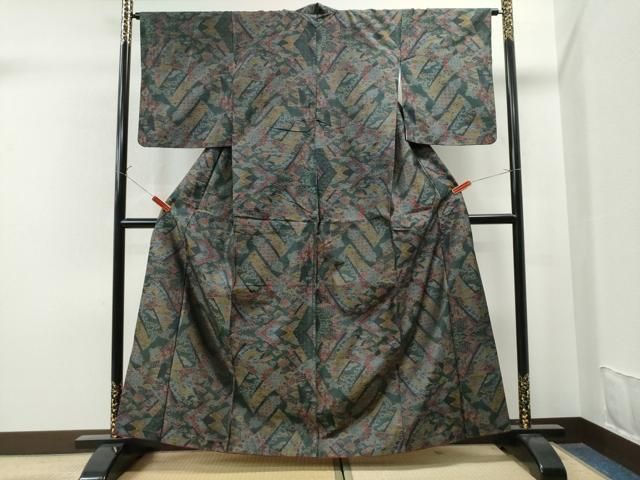 平和屋着物▽上質な紬　単衣　唐草文　正絹　逸品　AABD9467jh 平和屋着物○上質な紬 唐草文 正絹 逸品 CAAS6877yc