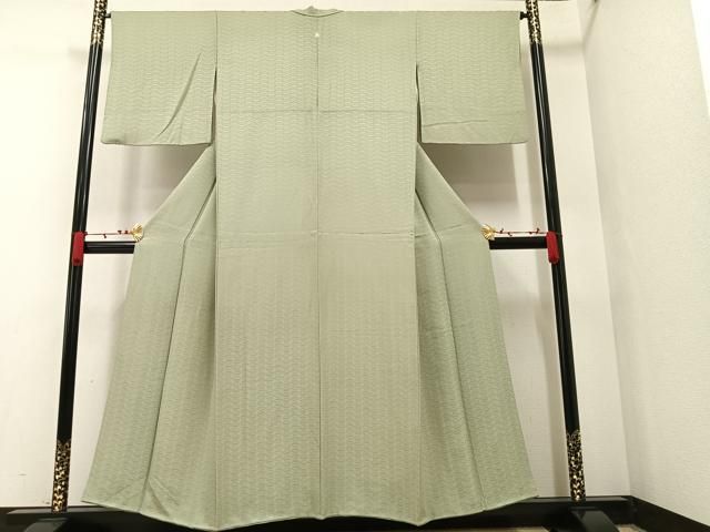 平和屋着物▽上質な色無地 単衣 霞地紋 青緑色 正絹 逸品