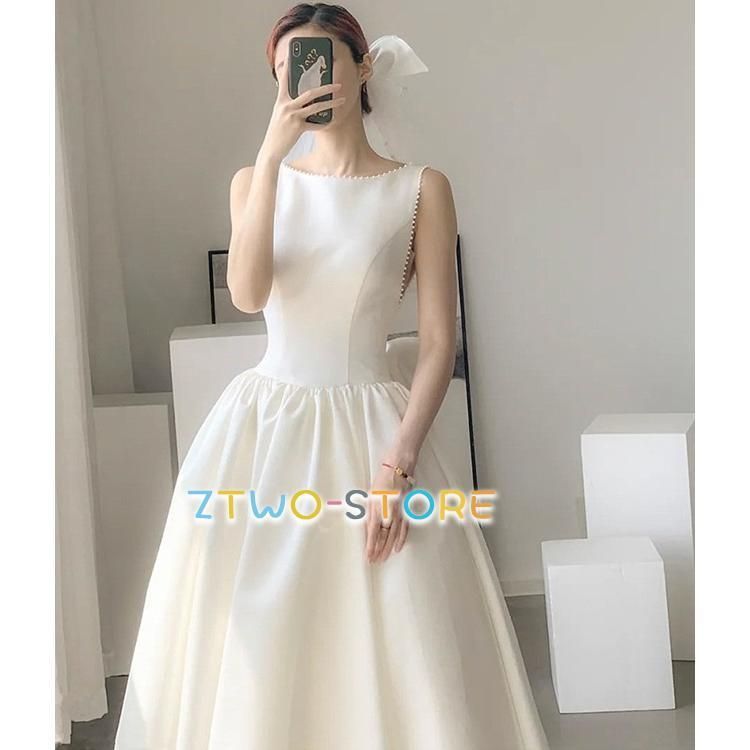 ウェディングドレス 白 ウェディングドレス 大きいサイズ 3L 4L ウェディングドレス ミモレ丈 ノースリーブ シンプル 二次会 バックオープ