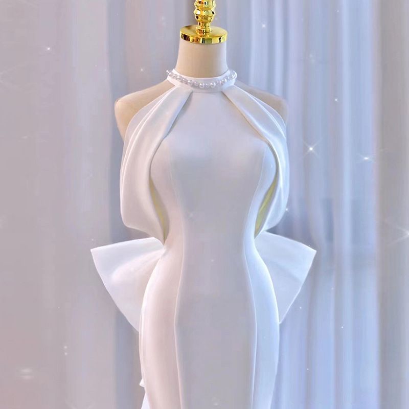 魚尾挂脖婚纱ドレス 溢れる白サテン