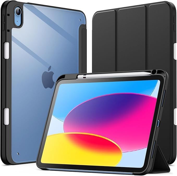 JEDirect iPad 10 ケース（10.9インチ、2022モデル、第10世代用） Pencil収納可能 透明バックカバー 薄型 スタンド 衝撃吸収 タブレットカバー オートウェイク/スリープ機能 (ブラック)