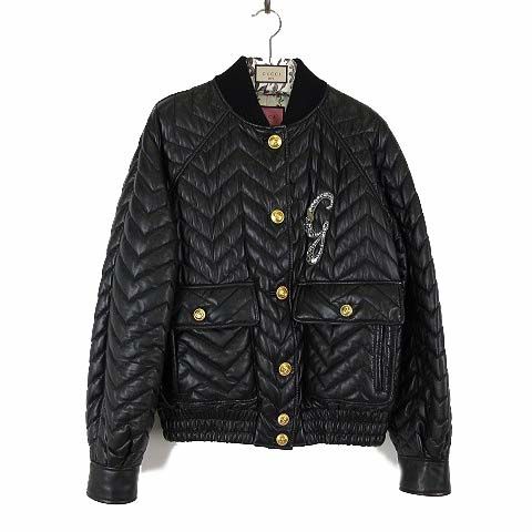グッチ GUCCI 2021AW ラムレザー ブルゾン ジャケット 羊革 中綿 ロゴ ラインストーン装飾 GG金ボタン S 38 黒 ブラック 正規品 TY