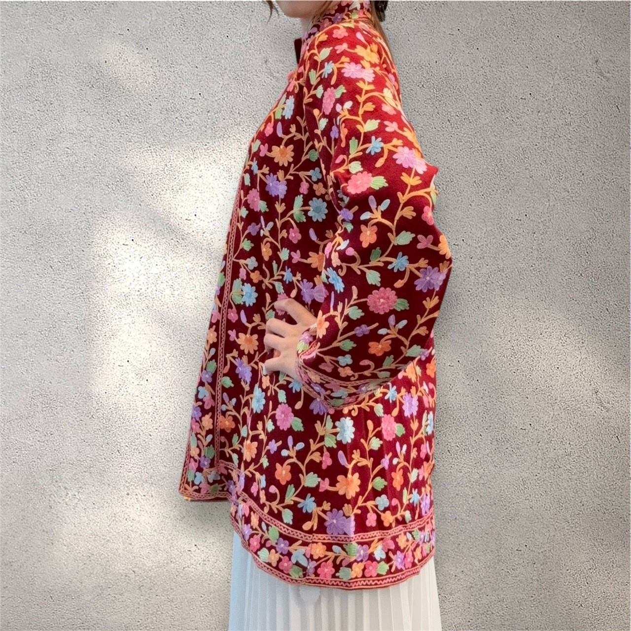 インド刺繍 ジャケット ロング丈 花柄 チュニック アウター レッド
