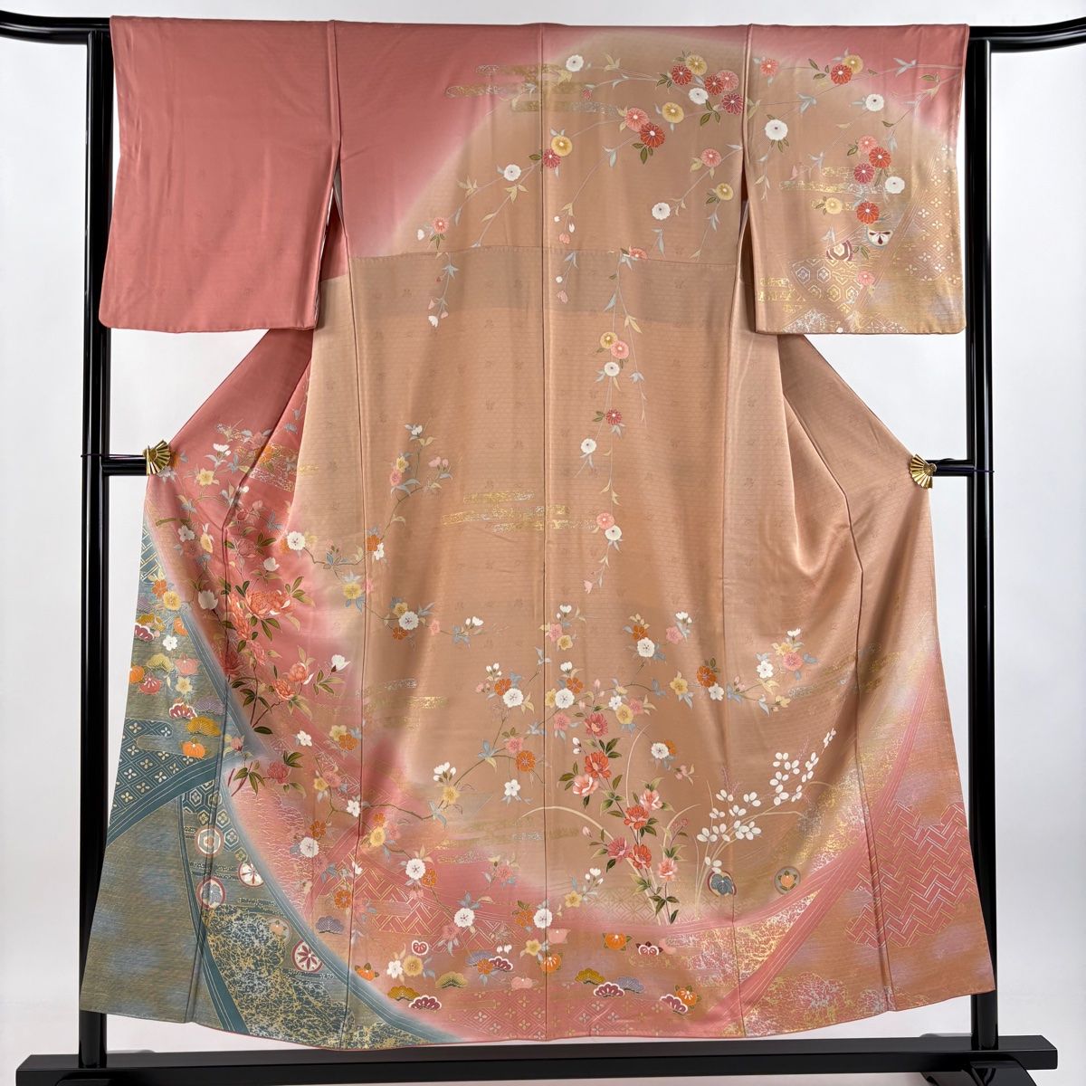 訪問着 身丈152cm 裄丈63cm S 袷 落款 枝花 松 金銀彩 ぼかし ピンク 正絹 秀品