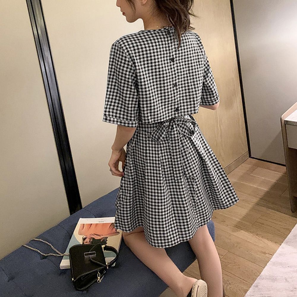 ワンピース ギンガムチェック ショート バックオープン 可愛い ギンガムチェックワンピース レディース 夏 ミニワンピ バック