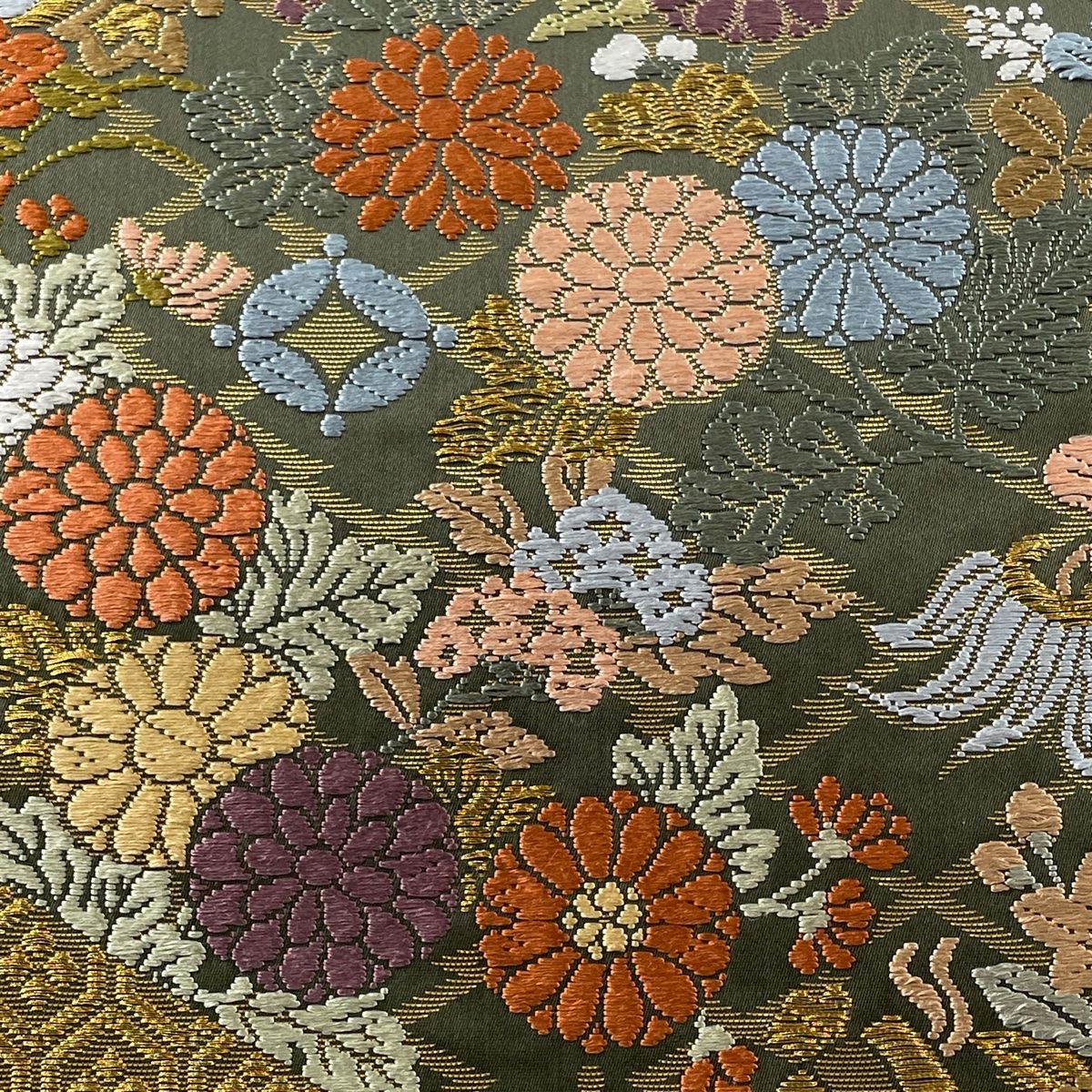 袋帯 美品 名品 草花 宝尽くし 金糸 唐織 茶緑色 六通 正絹 【中古】