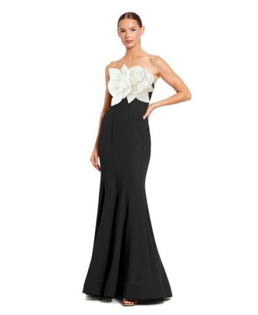 送料無料 マックダガル レディース ワンピース トップス Women s Crepe Strapless Mermaid Gown With 3D Flowers Black ivory