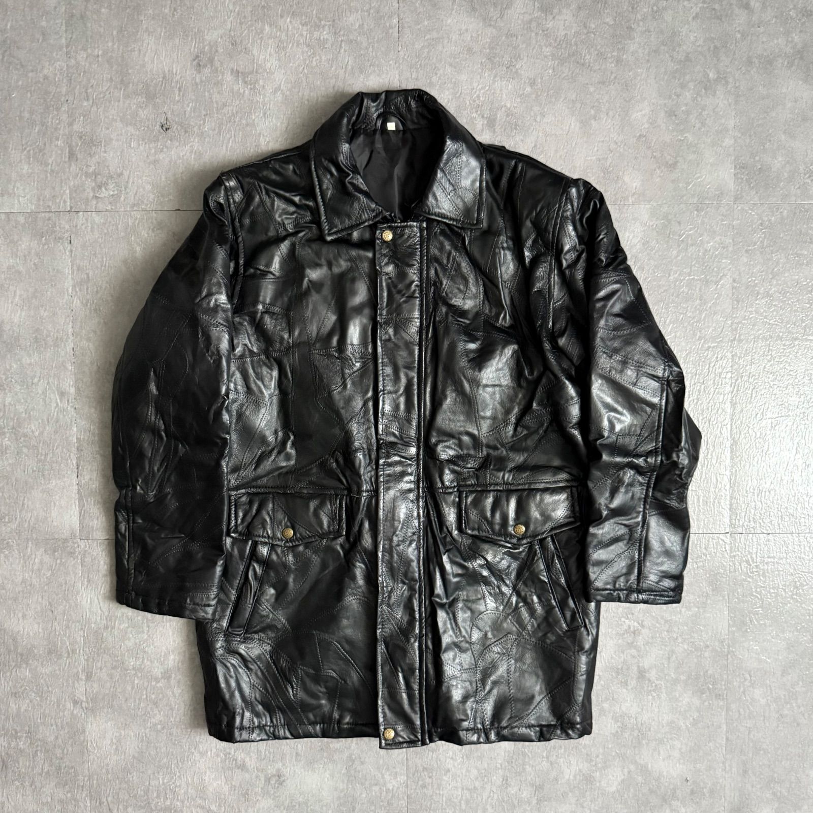 90s UNKNOWN レザージャケット ミドルコート 黒 M VTG 古着