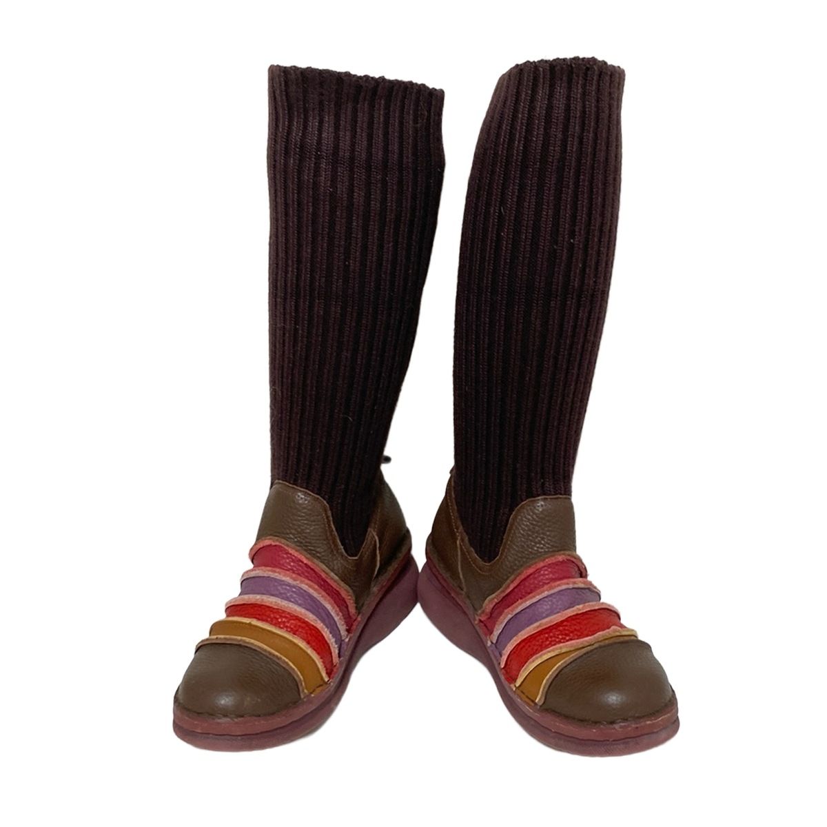 Estacion エスタシオン ブーツ M レディース - ダークブラウン×パープル×マルチ レザー