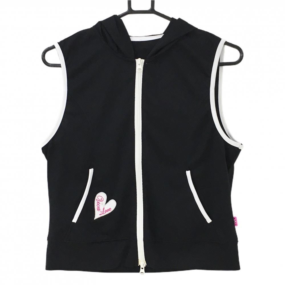 【超美品】ビバハート フード付きアウターベスト 黒×白 ハート刺しゅう 薄手 レディース 42(L) ゴルフウェア VIVA HEART