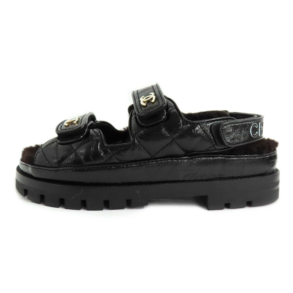 シャネル レザー ココマーク ラインストーン サンダル ブラック