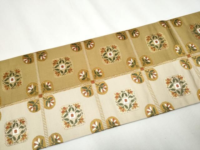 平和屋着物○九寸名古屋帯 唐織 格子花文 金糸 正絹 逸品 CAAY9644hy