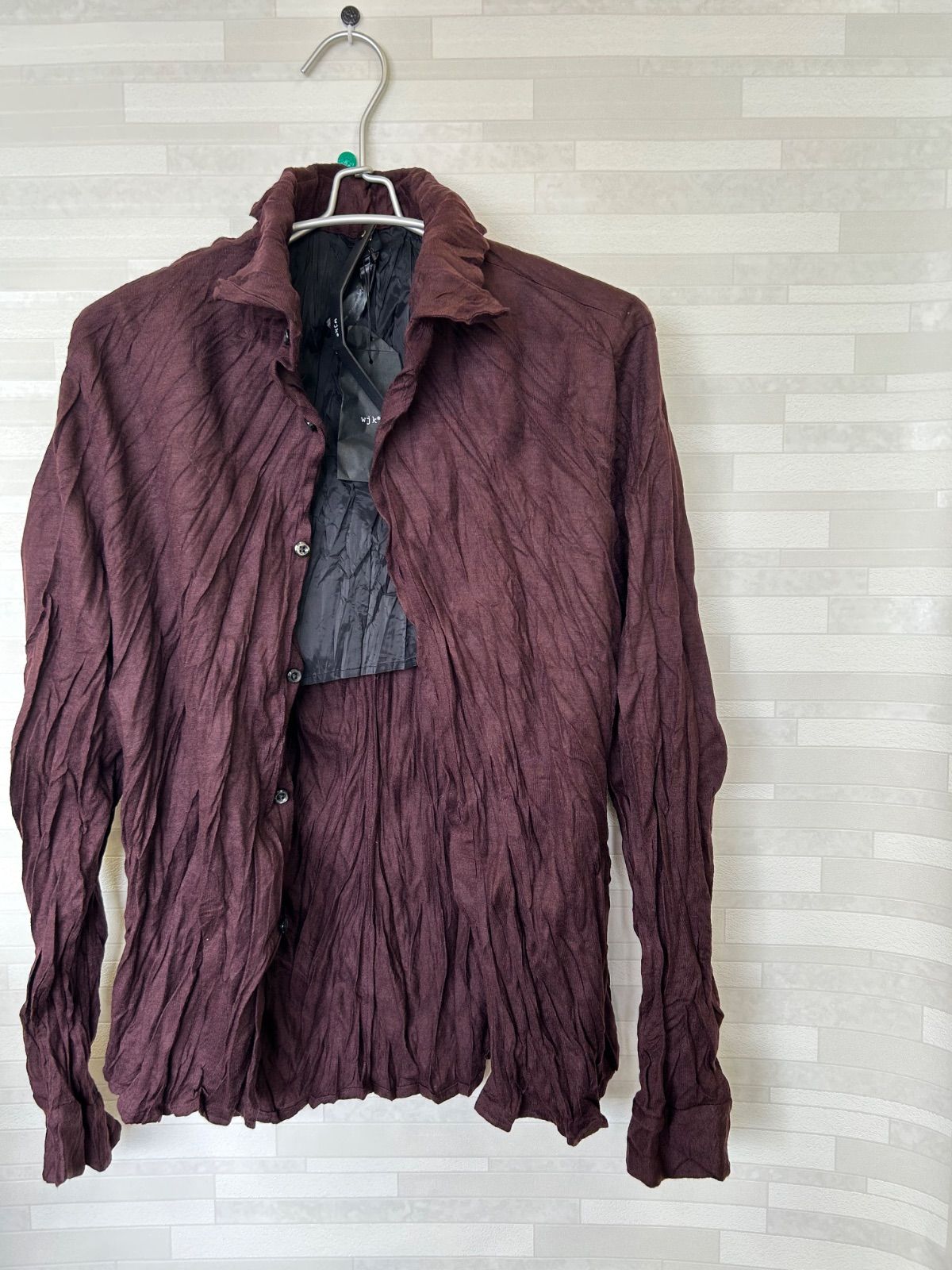 wjk シャツ　しわ加工 ワインレッド　新品タグ付き wjk シャツ シワ加工 長袖 シャツ Lサイズ ワインレッド メンズ