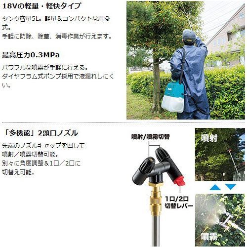 マキタ 充電式 噴霧器 MUS054DZ 5L 18Vモデル バッテリ 充電器 別売 makita 噴霧機 噴霧作業 肩掛け式 コードレス 防除 除草 消毒