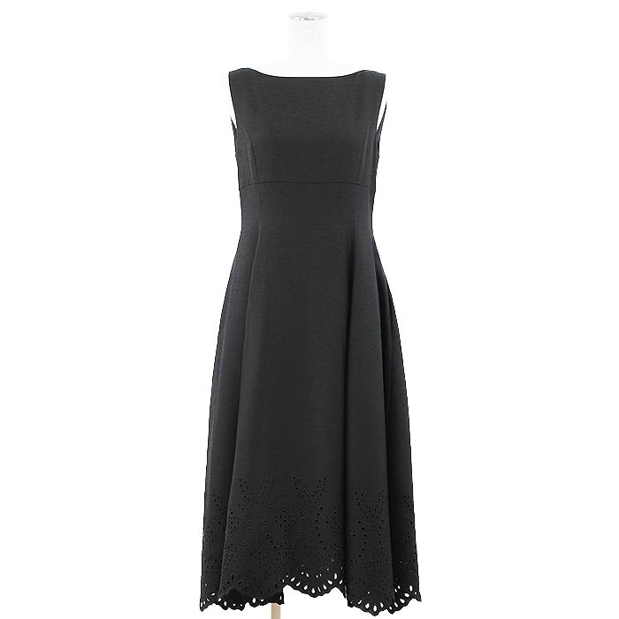 FOXEY フォクシー ワンピース 2025AW METROPOLITAN DRESS メトロポリタン ドレス ノースリーブ ウール100％ ツイル カットワーク スカラップ 刺繍 バック ファスナー ロング丈 レディース サイズ 40 黒