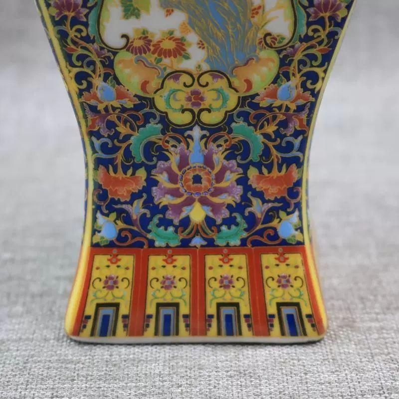 琺瑯彩蒔絵花鳥四方瓶 挿花器 景徳鎮 陶磁器 装飾品 現代工芸品