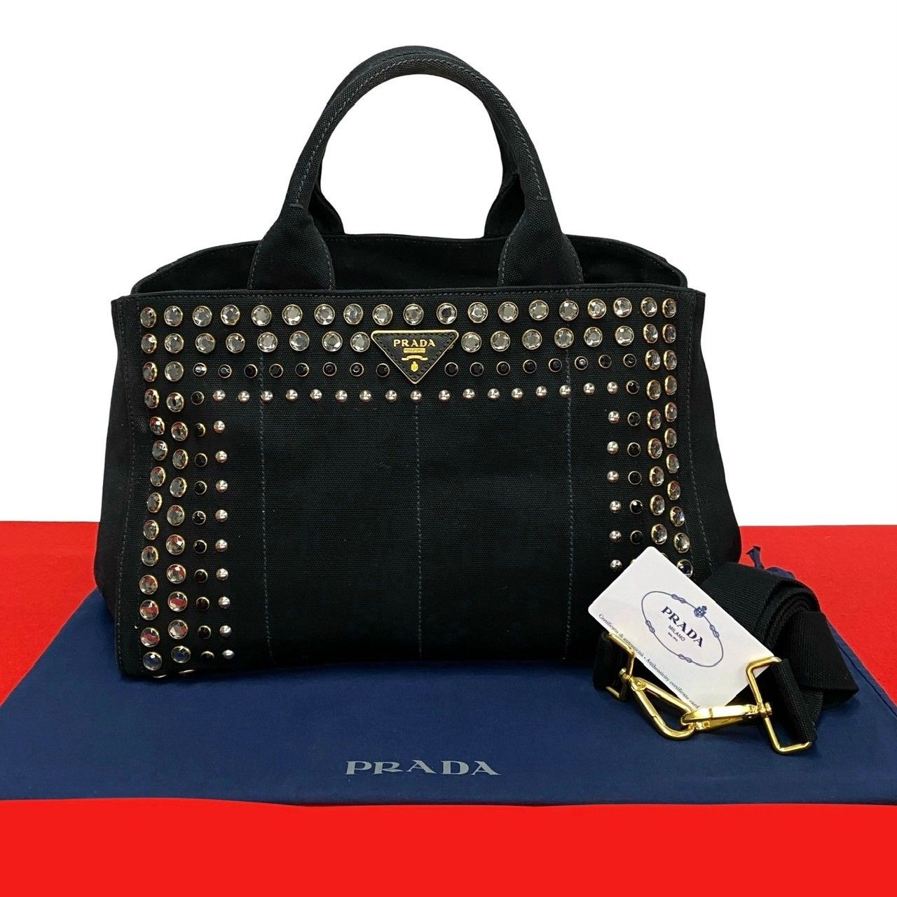 極 美品 希少品 PRADA プラダ カナパ 三角ロゴ スタッズ キャンバス 