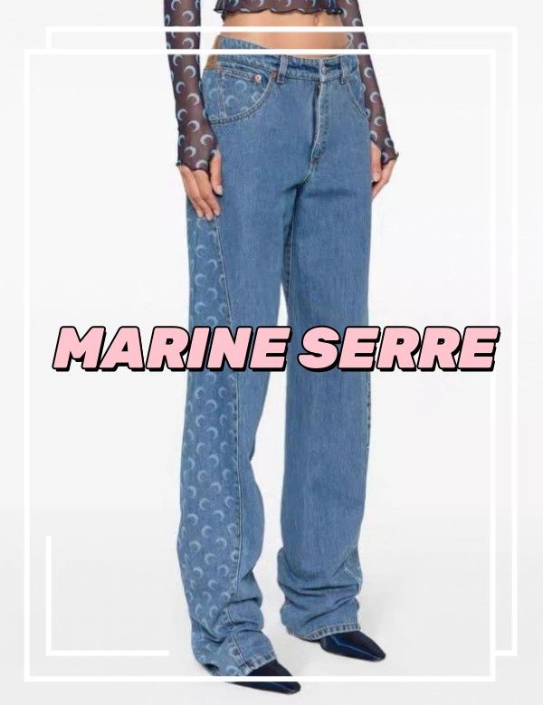 人気急上昇 MARINE SERRE MOON レーザー デニム カーブド ジーンズ リラックス フィット ウエスト ジーンズ