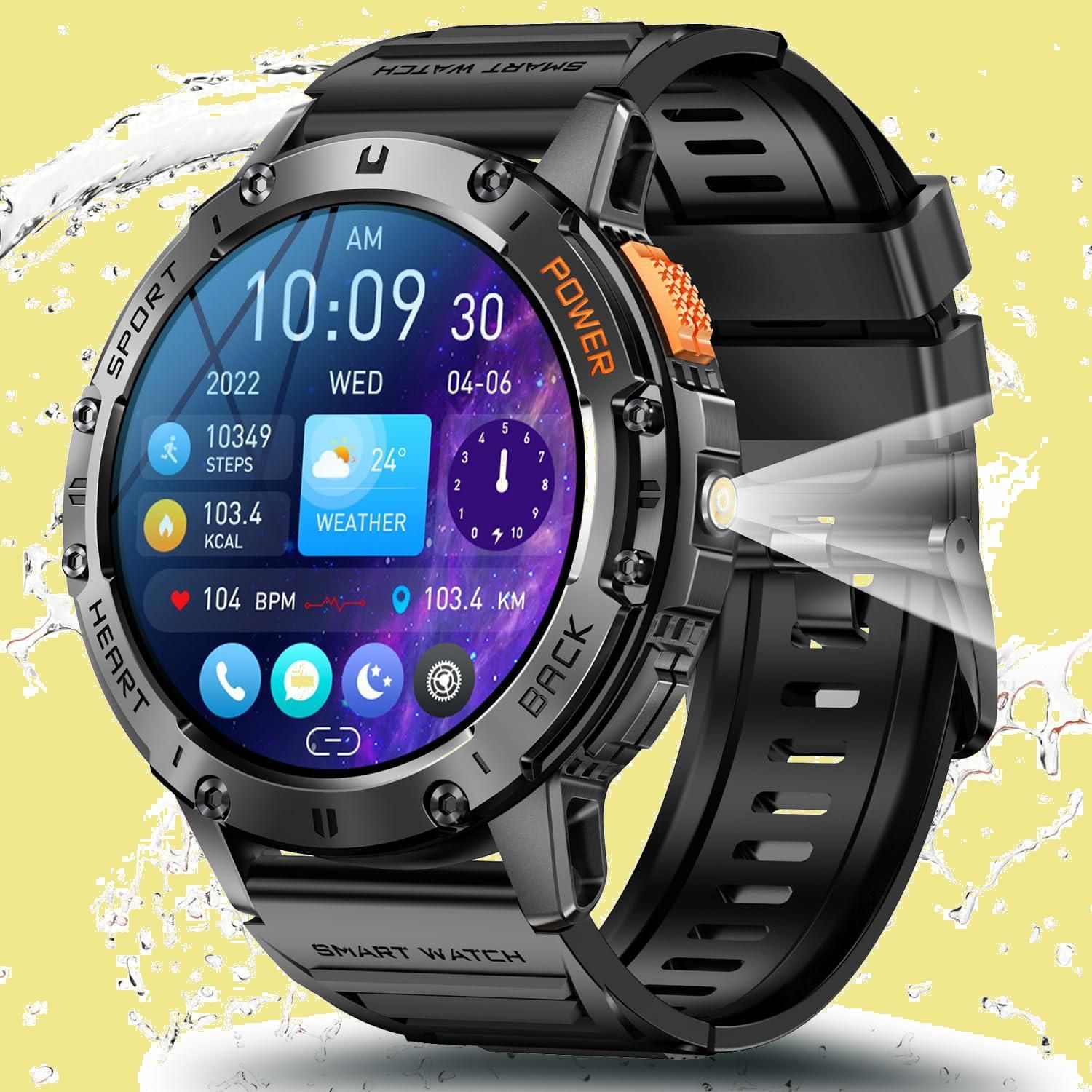 【特価商品】スマートウォッチ 【2024超進化 軍用規格u0026懐中電灯付き】1.43インチAMOLED高精度画面 通話機能付き 耐衝撃 IP68防水防塵 iphone対応 アンドロイド対応 メッセージ通知 音楽再生 音