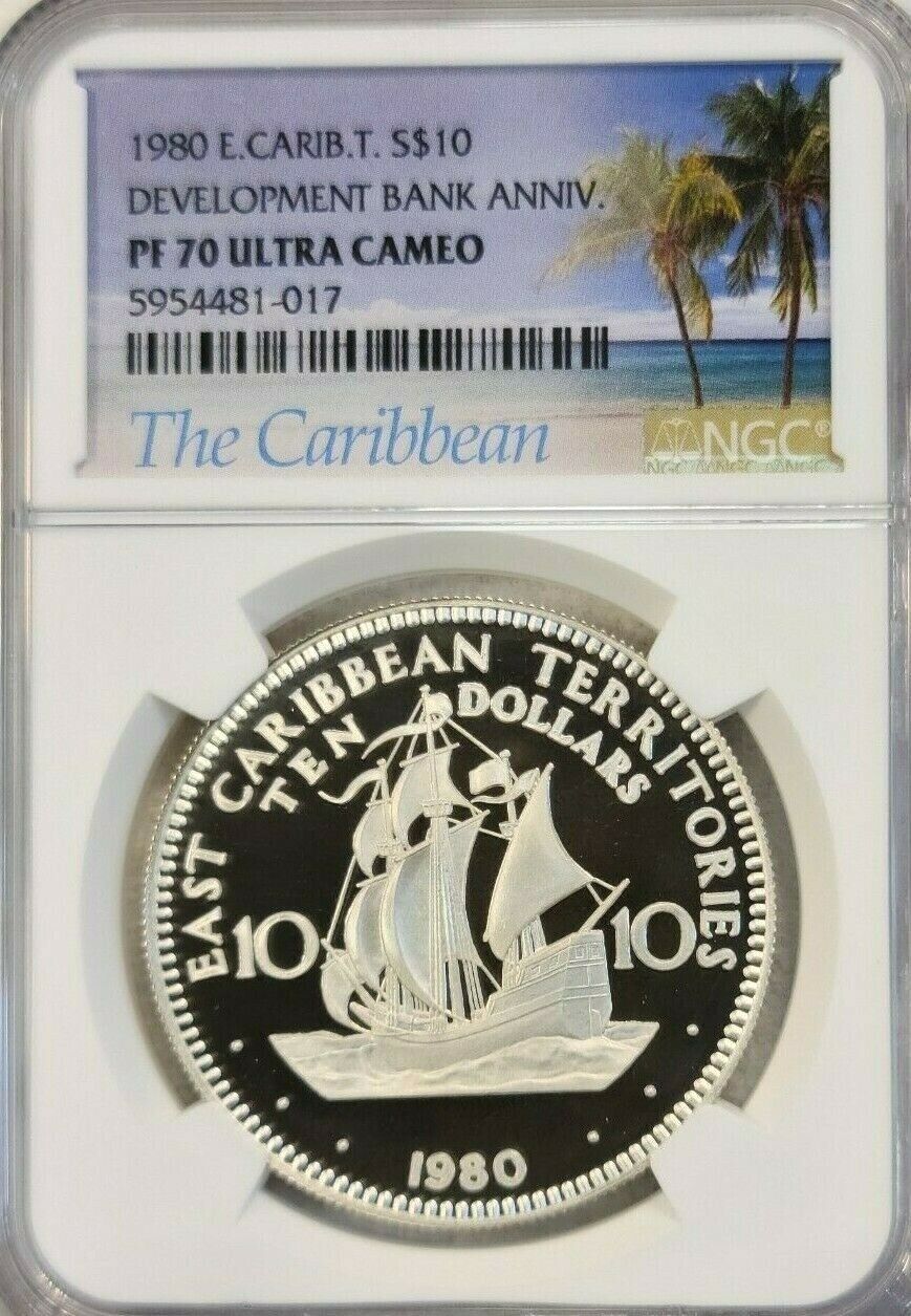 1981 EAST CARIBBEAN SILVER 10 DOLLARS BANK ANNIV NGC PF 70 ULTRA CAMEO POP 1