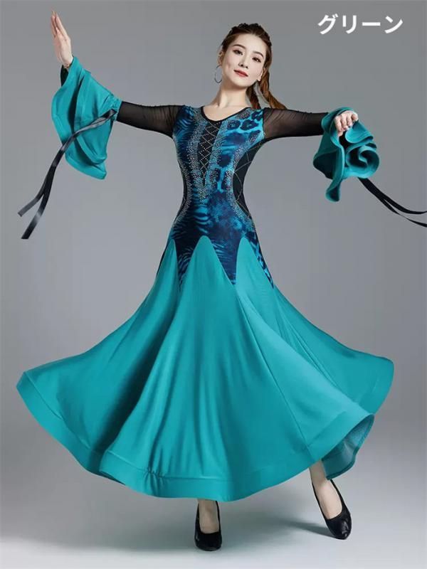2way 社交ダンスドレス 社交ダンス モダンドレス レッド グリーン 大きいサイズ 長袖 大きい裾 ドレス ワルツダンス ワンピースドレス ダンス衣装 ダンスウェア ステージ衣装 競技会 パーティー 発表会 緑 赤 LLC-HASEGAWATOSO_COM