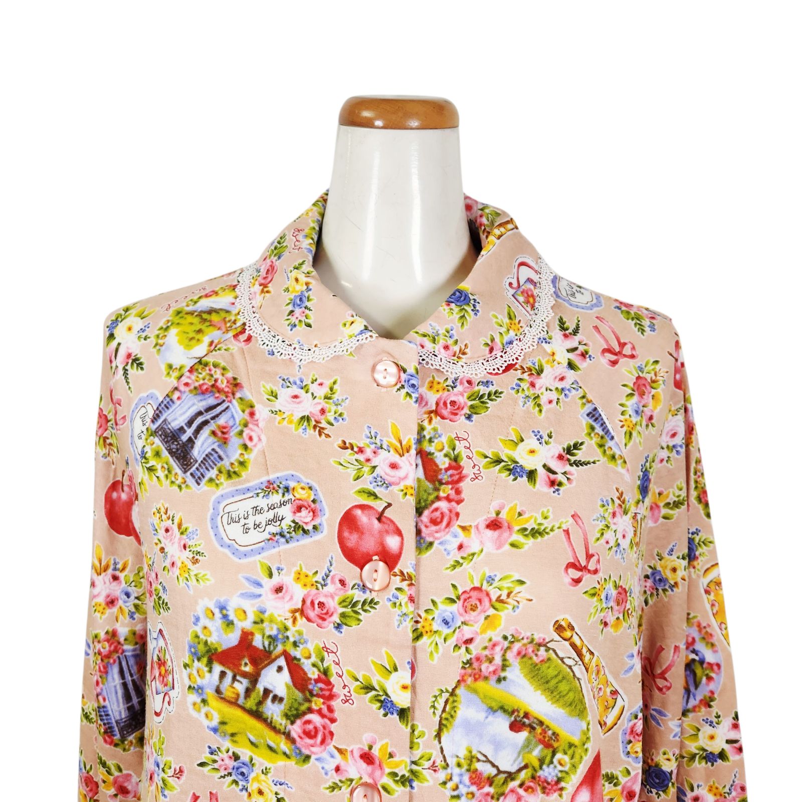 鴨居羊子パジャマ ♥ TUNIC 秋物 襟付き長袖全開パジャマ 60接結りんご 肌ピンク色 29330日本製