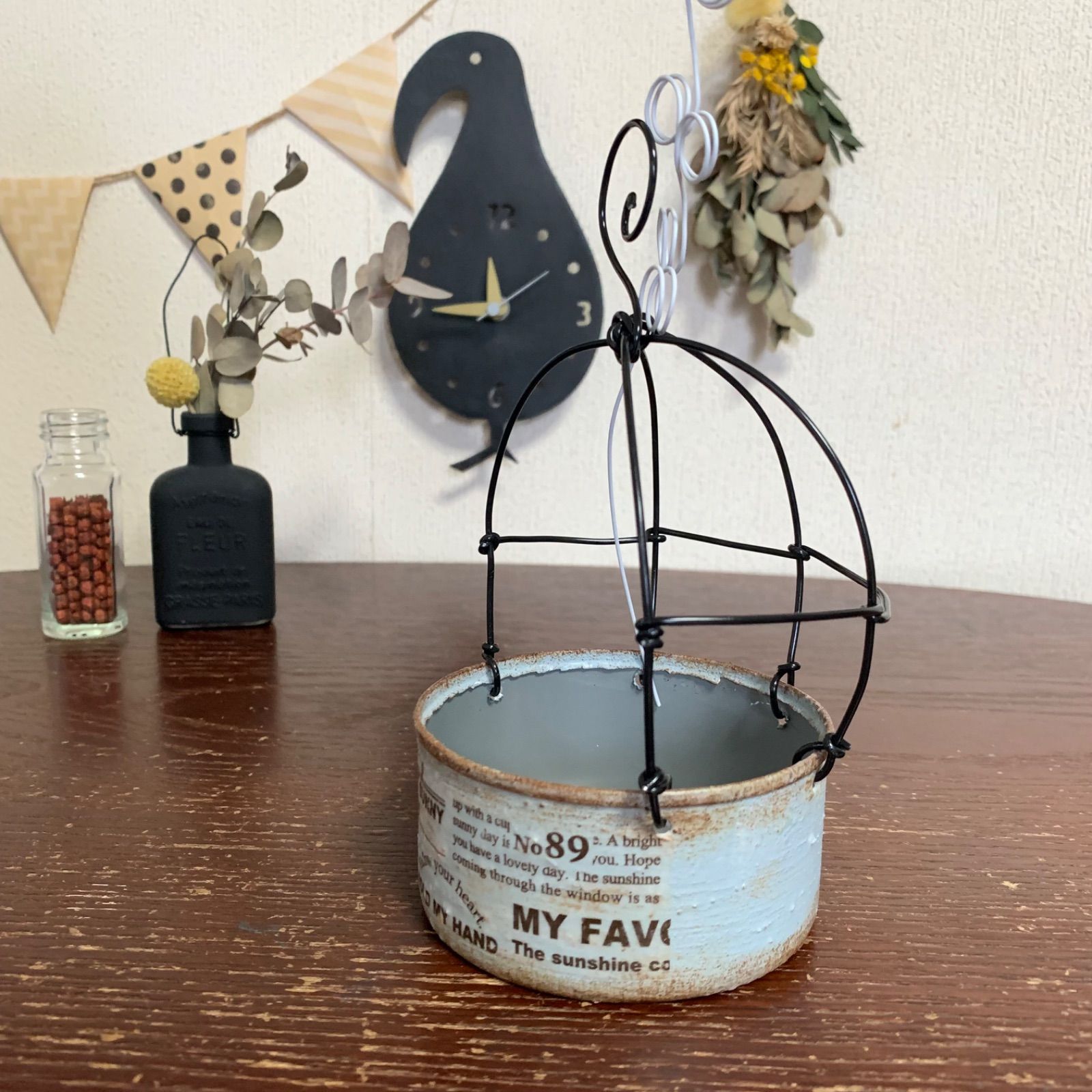 鳥かご風 リメイク缶 大 (アンティークブルー) ハンドメイド ＊ 吊り